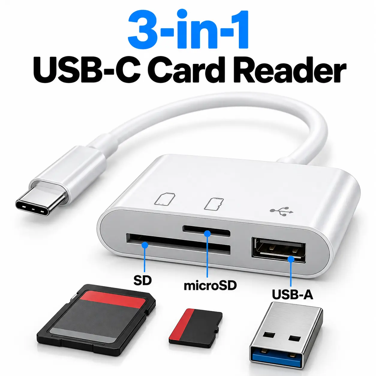USB-C OTG SD TF Card Reader with USB-A Hub, 3-in-1 Multiport Adapter for iPhone 16/15 Pro Max, Android Phones & Cameras, Plug and Play Data Transfer Tool