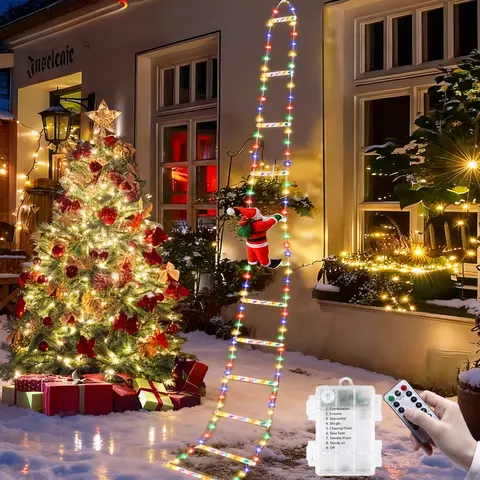3M/9.84FT Christmas LED Ladder Hanging Lights, Static Hanging Santa on Ladder(NOT Auto-Climbing), Waterproof Battery/USB Powered, Remote Timer 8 Modes, Indoor Outdoor Wall Eaves Garden Xmas Decoration