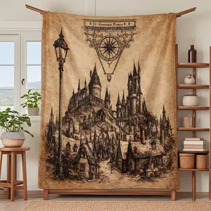 Vintage Hogwarts Castle Print Blanket with Compass and Text, Soft Knitted Fabric, Multi-Size Warm Blanket, Home Decor Gift