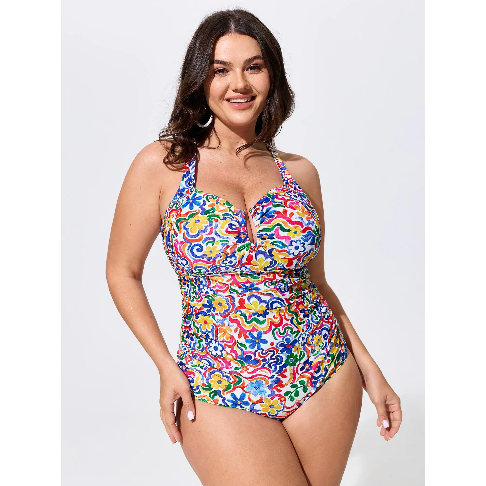 BLOOMCHIC Plus Size Colorful Floral Print Cut-Out One-Piece Swim [M-6X] ,Summerfinds