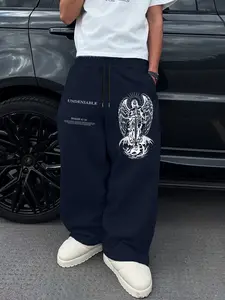 Men's Casual Long Pants, Drawstring Waist Straight Leg, Peace Pattern Print, Comfortable Daily Wear, All Seasons, Sporty Style, Casual Lounge Pants