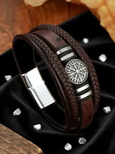 Multi-layer magnetic bracelet retro silver, dark brown black leather woven, smooth lock bracelet couple style, decorative