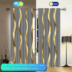 & Gold Wave Stripe Digital Print Curtains Set, Window Curtain, Semi-Transparent Polyester, Rod Pocket, Bedroom Living Room Office Home Decor