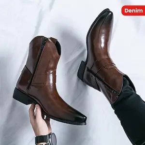 Men'S Vintage Style Western Cowboy Boots - PU All-Season Slip-On Chukka with Pointed Toe for Equestrian Sports, Rock, Denim Fashion - Retro Solid Short Boots with Rubber Sole for Casual, Outdoor Camping & Vacation Fathersdaygift Walking Shoes