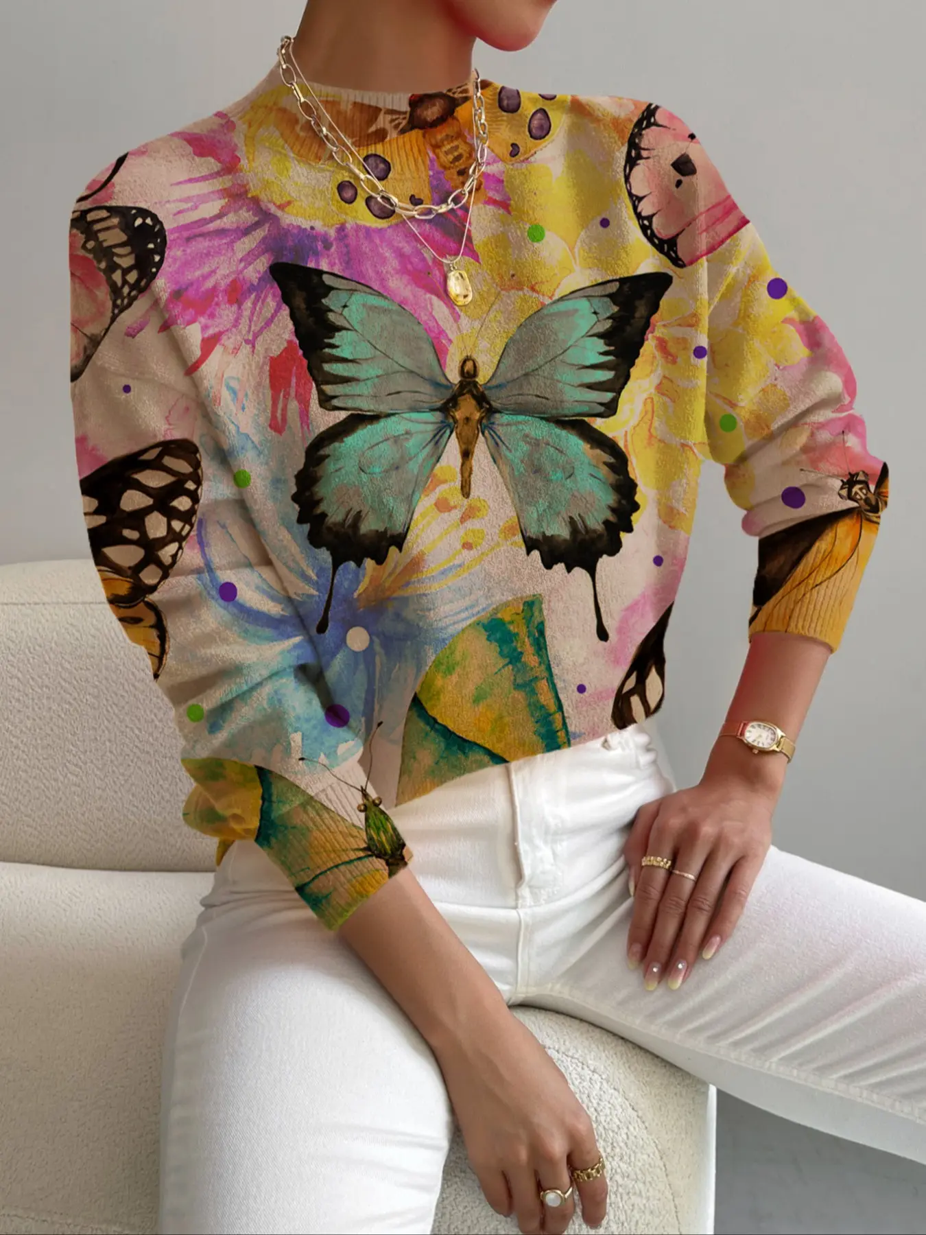 Women's Colorblock Butterfly Print Knit Sweater, Casual Elegance for Spring Fall Winter, Holiday, Commute & Everyday Wear