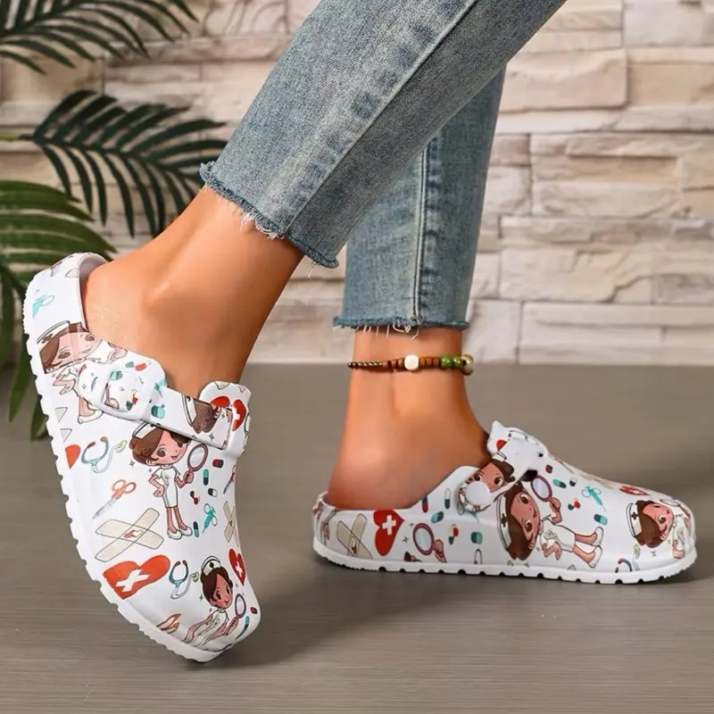 White Medical Healthcare Workers Cartoon Print Platform EVA Clogs Mules Walking Shoes with Beautiful Print - Women Footwear Comfort Lightweight Buckle Water-Resistant Stylish & Practical Girl classic slip-on fashion walk shoe slipper Women's