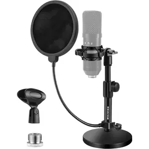 Upgraded Desktop Microphone Stand, Adjustable Mic Stand Desk with Pop Filter, Shock Mount, Microphone Clip, 5/8" to 3/8" Metal Screw Adapter
