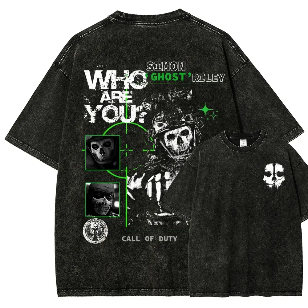 Call of Duty Ghosts Simon Ghost Riley Tactical Skull Washed Black T Shirt, Military Combat Gaming Graphic Tee with Vintage Distressed Back Print, Premium Cotton Streetwear Short Sleeve Shirt for Men, FPS Gamers, Fans, Outdoor and Casual Daily Wear