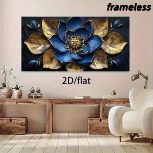 1 piece of modern blue and gold carved flower canvas art wall decoration, high-quality canvas 2D flat printing frameless painting for living room and bedroom decoration