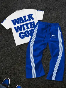 Fashion Street Style Casual Sporty Print Round Neck T-Shirt Set with Striped Sweatpants Two-Piece for Summer