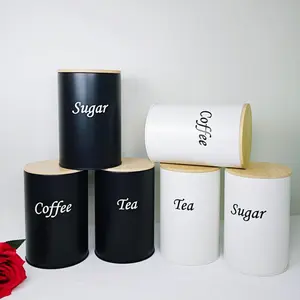 3-Piece Round Coffee Storage Jars Set & Metal Containers with Wood Lids and Sealed Caps, Kitchen Organizer for Beans Sugar Tea, Coffee Storage Canisters