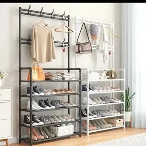 5 Tier Steel Rack Coat and Hat Rack Multi Functional Iron Storage Rack 3 in 1 Metal Design Strong Stable Dormitory Home Dust Storage Shoe Racks