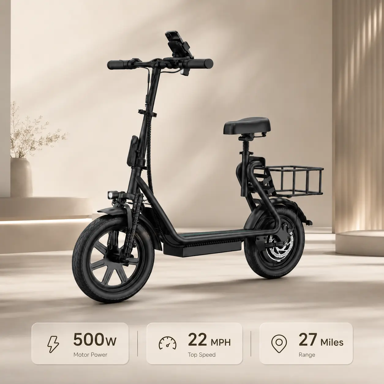 Electric Scooter with Seat and Rear Basket, 500W Foldable Commuter Scooter for Adults, 22 MPH Max Speed, Up to 27 Miles Range, Dual Brake City Ride Scooter