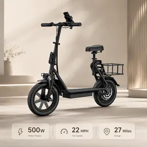 Electric Scooter with Seat and Rear Basket, 500W Foldable Commuter Scooter for Adults, 22 MPH Max Speed, Up to 27 Miles Range, Dual Brake City Ride Scooter