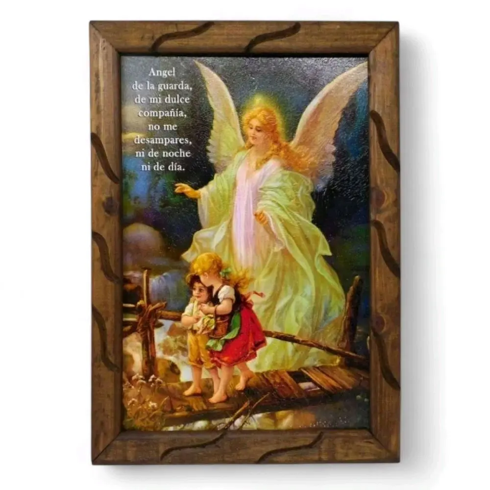 Angel de La Guarda (#32) Rustic Frame For Wall Oil Painting Guardian Angel Con Oracion Cuadro rustico Religious art image, home decor, wall decor, church events, gifts