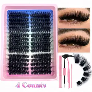 Fluffy False Eyelashes Kit, Mixed Length Individual False Eyelashes with Eyelash Glue & Tweezers & Brush, Eye Makeup Enhancement Tool for Women, Cosmetic, DIY Eyelash Extensions