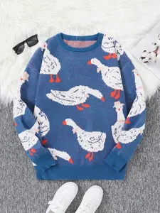 Men's Casual Duck Print Sweater, Contrast Color Knit Long Sleeve Round Neck Pullover, Soft Spring/autumn Regular Fit