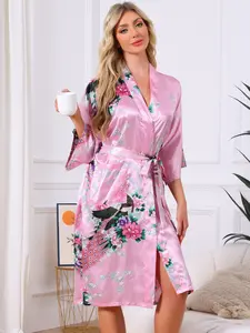 INSPIRE CHIC Women's Satin Robes Floral V-Neck 3/4 Sleeve Bride Bridesmaids Nightgown Peacock Print Bathrobe