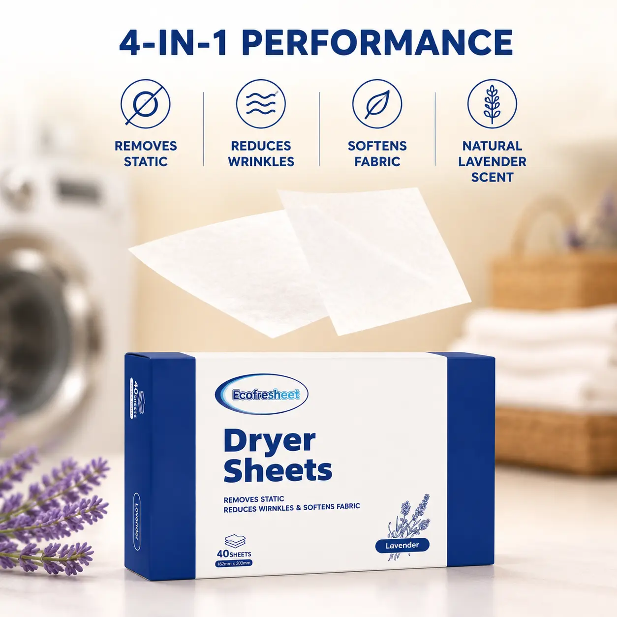 Dryer Sheets Lavender Scent, 40 Count 4-in-1 Fabric Softener Sheets, Reduces Static & Wrinkles, Long Lasting Freshness Laundry Essentials Household Pack