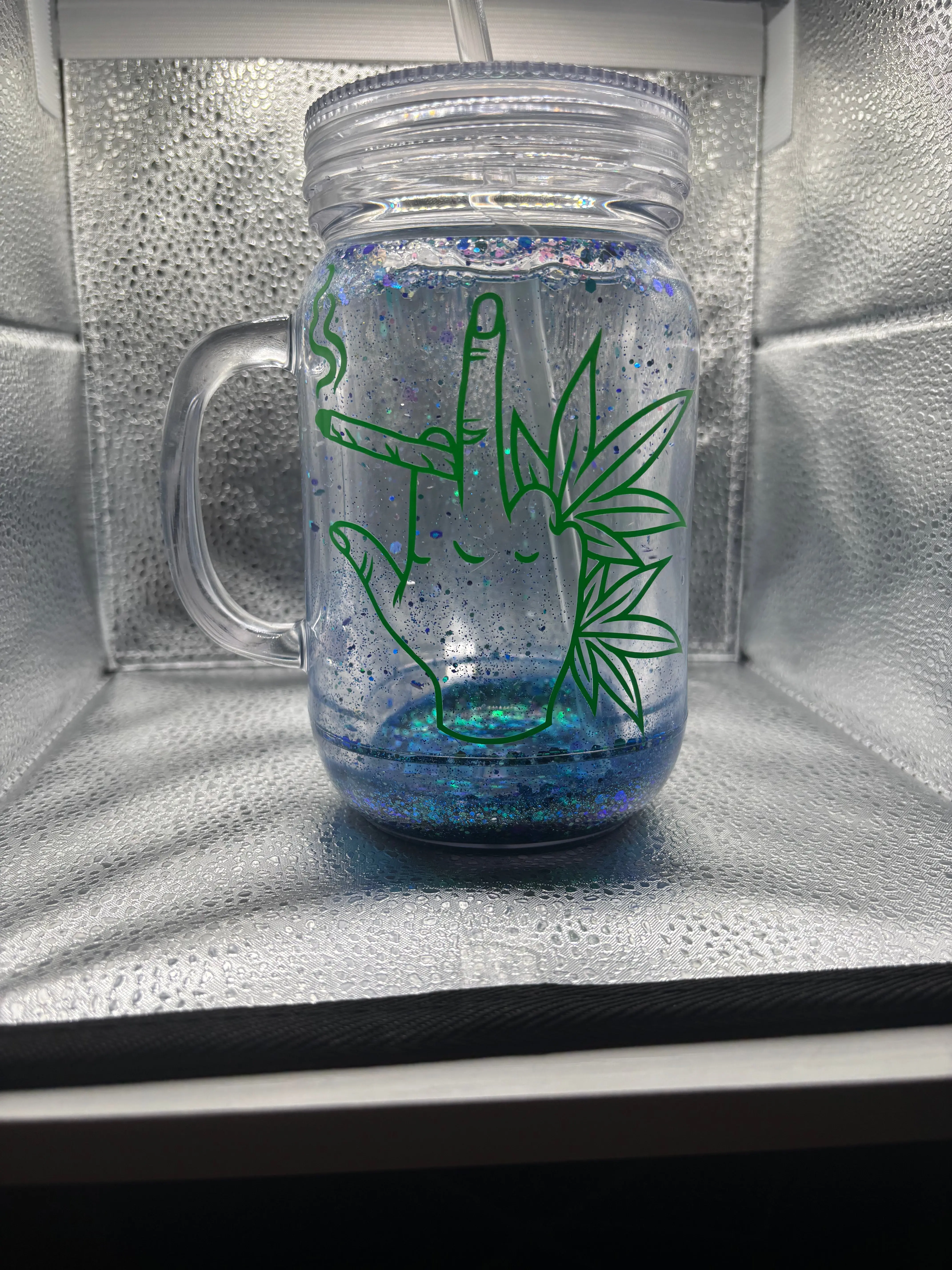 16oz Rustic Mason Jar Style Water Bottle, Green Leaf Design Washable Cold Brew & Lemonade Bottle, Kitchenware Drinkware for Hand Wash Use