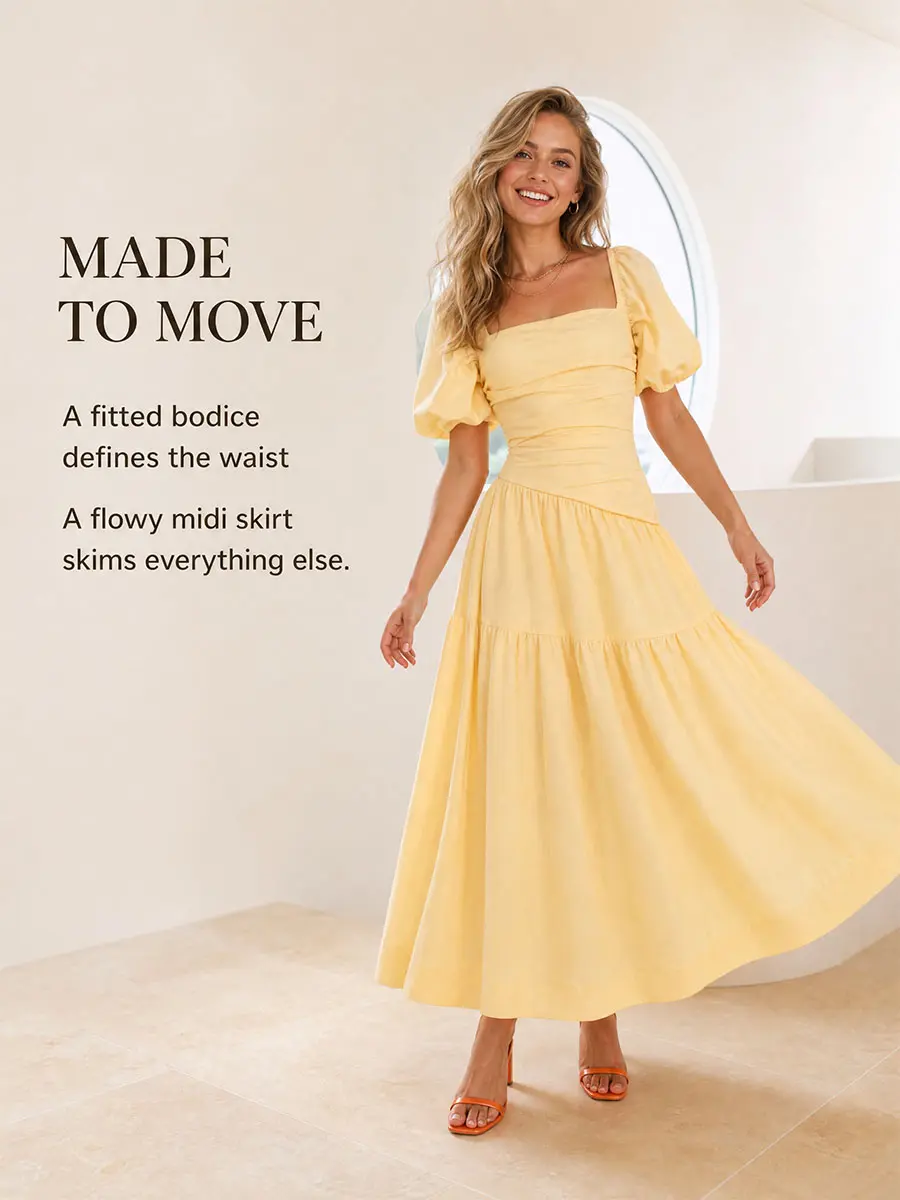 Puff Sleeve Midi Dress – Cotton Linen Fitted Bodice Flowy Cottagecore Garden Party
