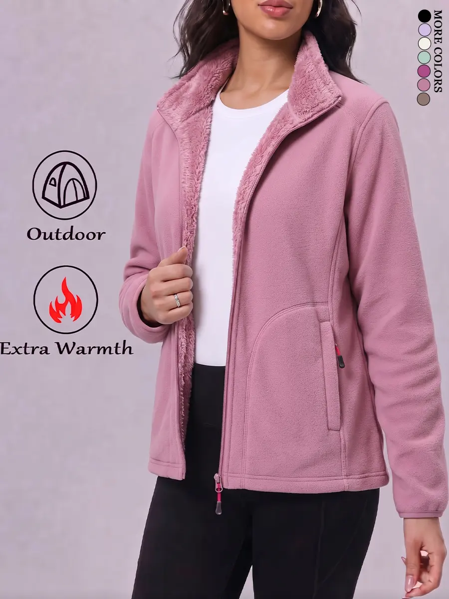 LIFE KEEPS MOVING women’s fleece jacket, thick plush fleece with fleece lining, stand collar, zippered pockets, long sleeves, windproof outerwear for autumn/winter, new arrival for fall