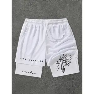 Men’s double-layer waist shorts with cross print, regular fit, casual fashion, comfortable summer shorts, men’s bottoms for daily wear, loose-fit shorts, fashionable casual shorts, casual streetwear shorts GARMENTARY