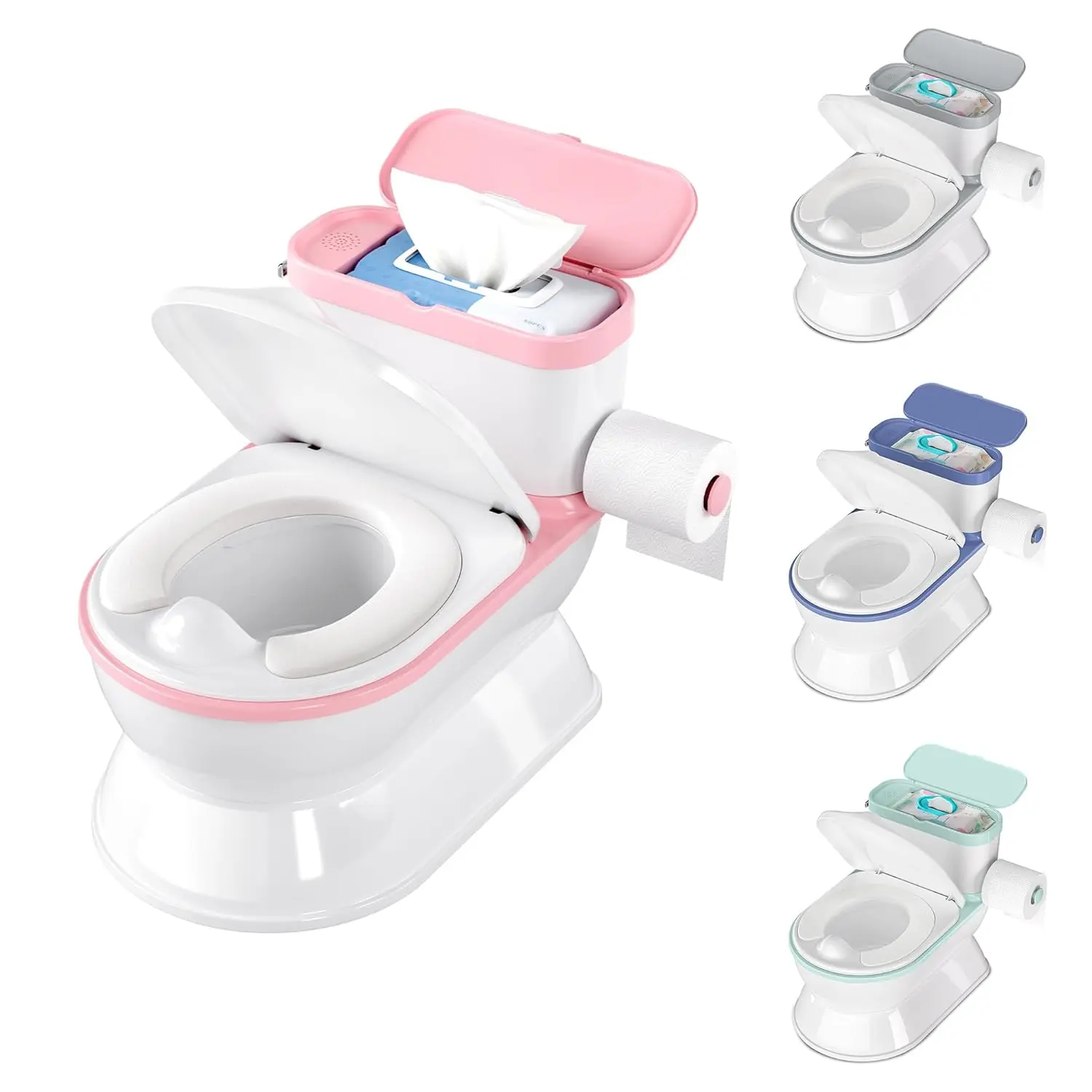 2-in-1 Toddler Potty Training Toilet - Larger Potty Chair & Detachable Training Seat  Boys & Girls Ages 1-3 with Flushing Sound, Wipes Storage, Toilet Paper Holder - Pink
