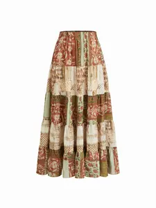 Cider Mid Rise Aztec Two Tone Tiered Ruffle Maxi Skirt
