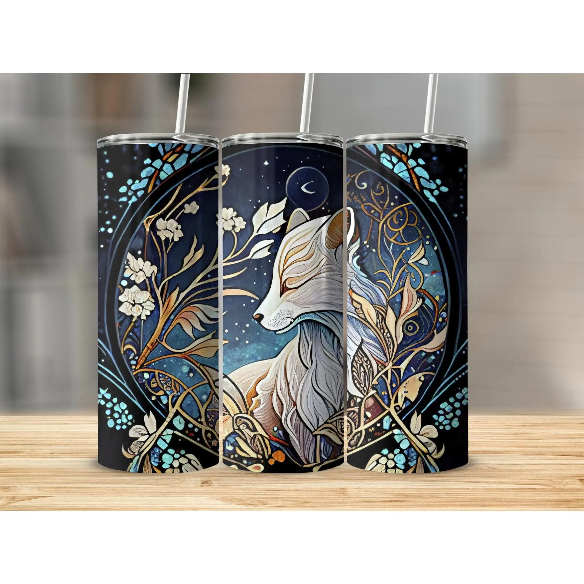 20oz Enchanting Fox Design in Floral Circle Art Tumbler Bottle Drinkware Lid Stainless