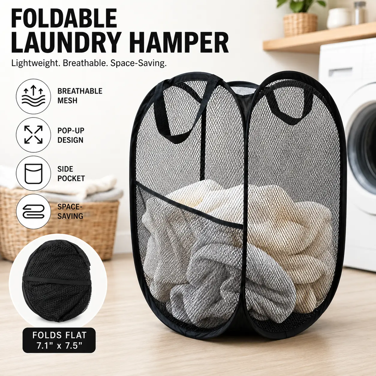 Black Collapsible Mesh Laundry Hamper with Side Pocket, Pop-Up Foldable Clothes Basket, Breathable Lightweight Storage Bin for Laundry Room, Bedroom, Bathroom & Travel