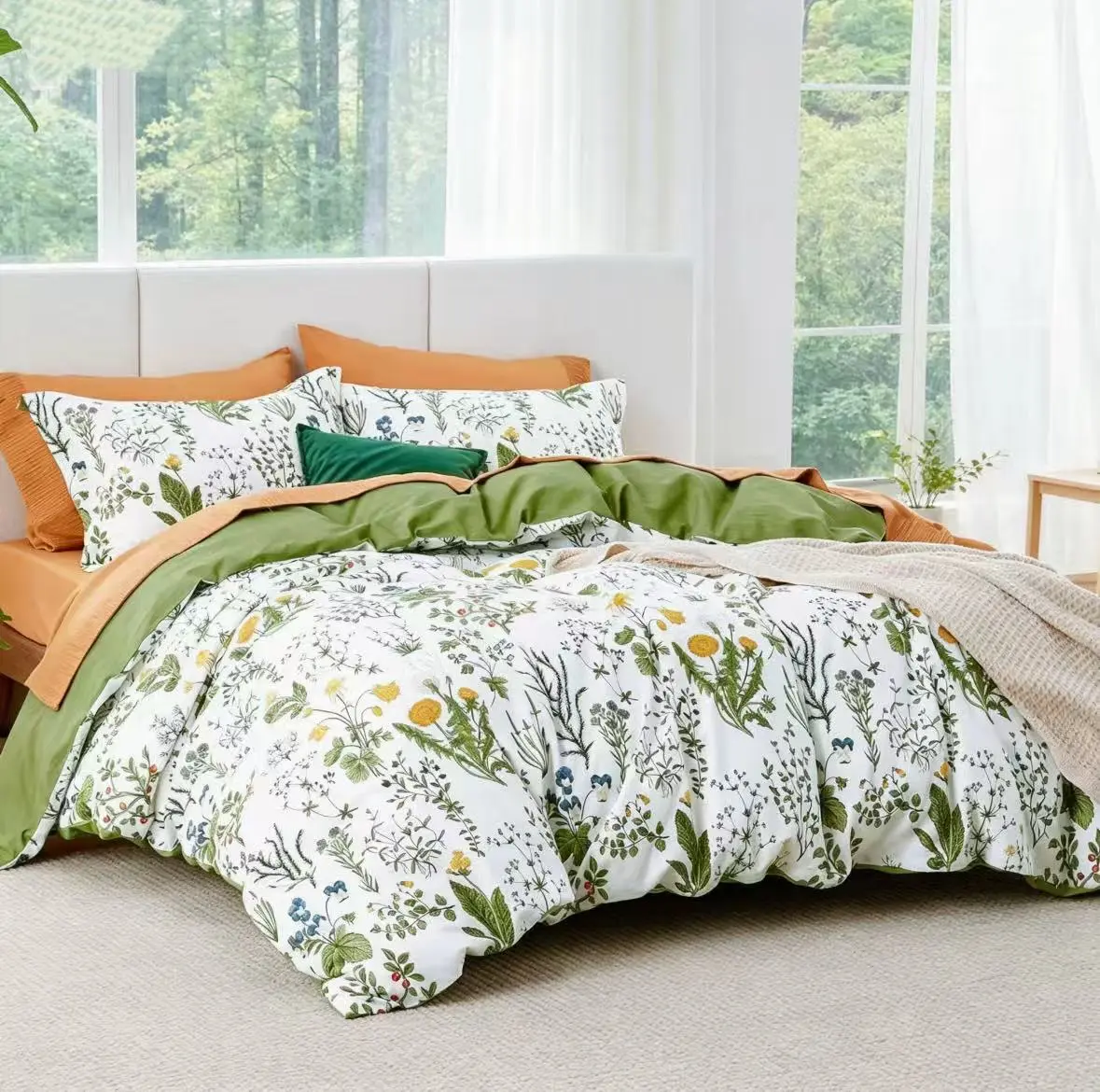 2-3-Piece Fading-Proof Green & White Floral Print Duvet Cover Set - Cozy Elegant Multi-Size Theme Bedding Set for Any Season