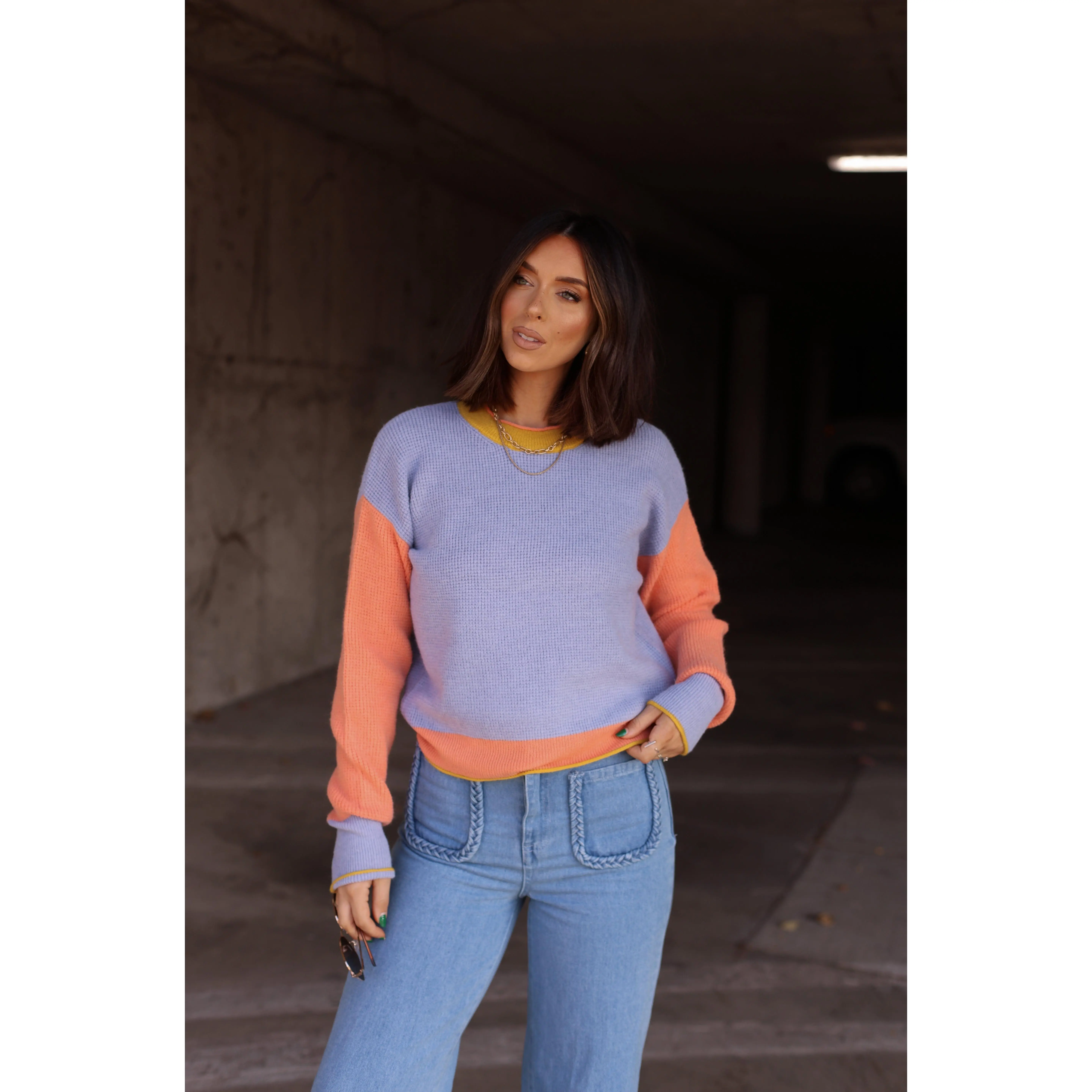 Blue Color Block Knit Sweater