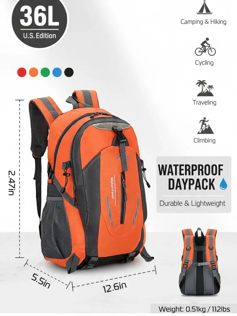 36L Hiking Backpack, Water Resistant Lightweight Outdoor Backpack, Ergonomic Breathable Daypack, Multi-Pocket Camping Travel Backpack for Climbing Cycling Fishing, Multiple
