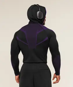 Men's Gymshark Onyx 5.0 Seamless Hoodie - Fitted Black/Athletic Purple, Breathable Minimalist All-Seasons Sports Top for Workout Activewear