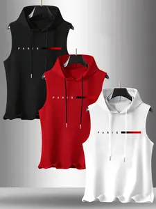 Men's 3-Piece Letter Pattern Print Hooded Sleeveless T-Shirt Set, Casual Comfortable Hoodie Vest, Summer Outdoor Fitness Wear, Tops