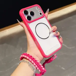 Thickened dual-color acrylic transparent magnetic phone case with carrying strap, detachable camera cover, compatible with iPhone 13/14/15/16/17 Pro/Pro Max/Plus, stylish protective cover featuring unique design for daily use, protective housing