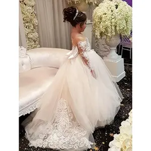 New1 Piece Girl's 9/16 Sleeve Puff Sleeve Princess Dress with Big Bow, Elegant Long Sheer Wedding Jumpsuit, Suitable for Teenagers, 12 Years and Under, A-Line Silhouette, Polyester Fiber, Dry Clean Only, Perfect for Performances and Special Occasions