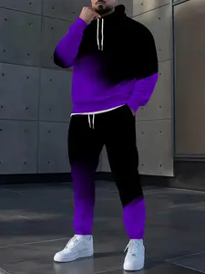 Purple black gradient splicing pattern full body digital printing men's suit sportswear Sports Clothing Set men's and women's couple hoodie fashionable pullover with pocket long sleeved hooded sweatshirt+drawstring casual pants 2-piece set