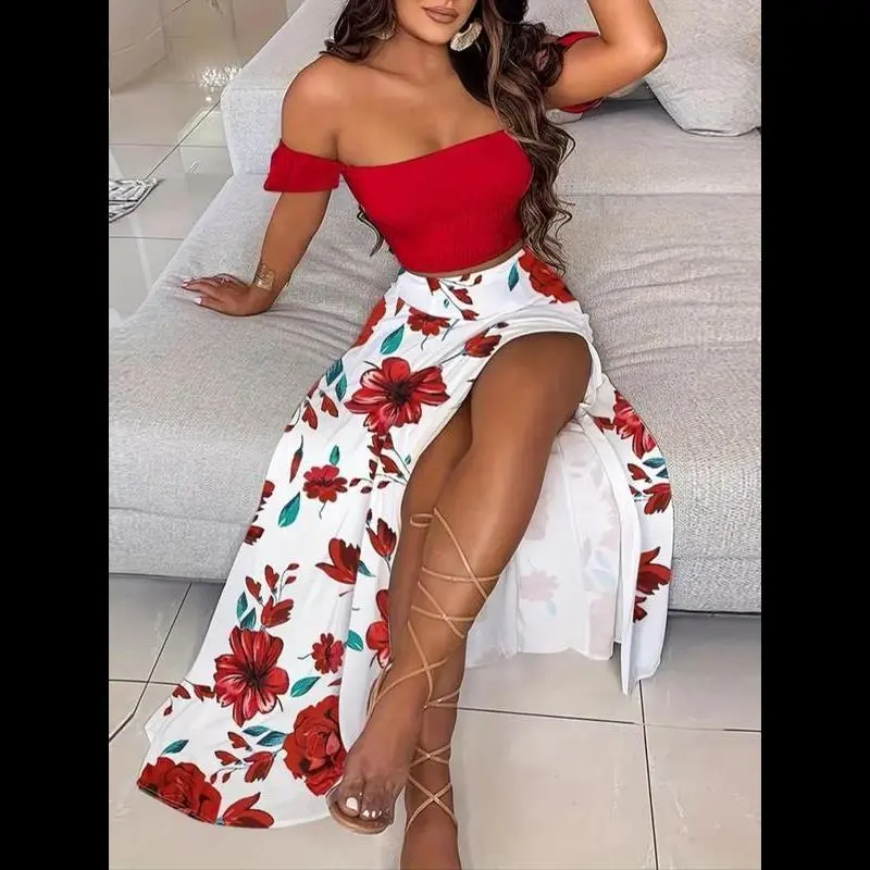 NewTwo-Piece Women's Feather Print Off Shoulder Crop Top & Split Thigh Skirt Casual Fashion Cozy Outfit for Daily Holiday Vacation Wear Clothes Suits Womenswear Gamis