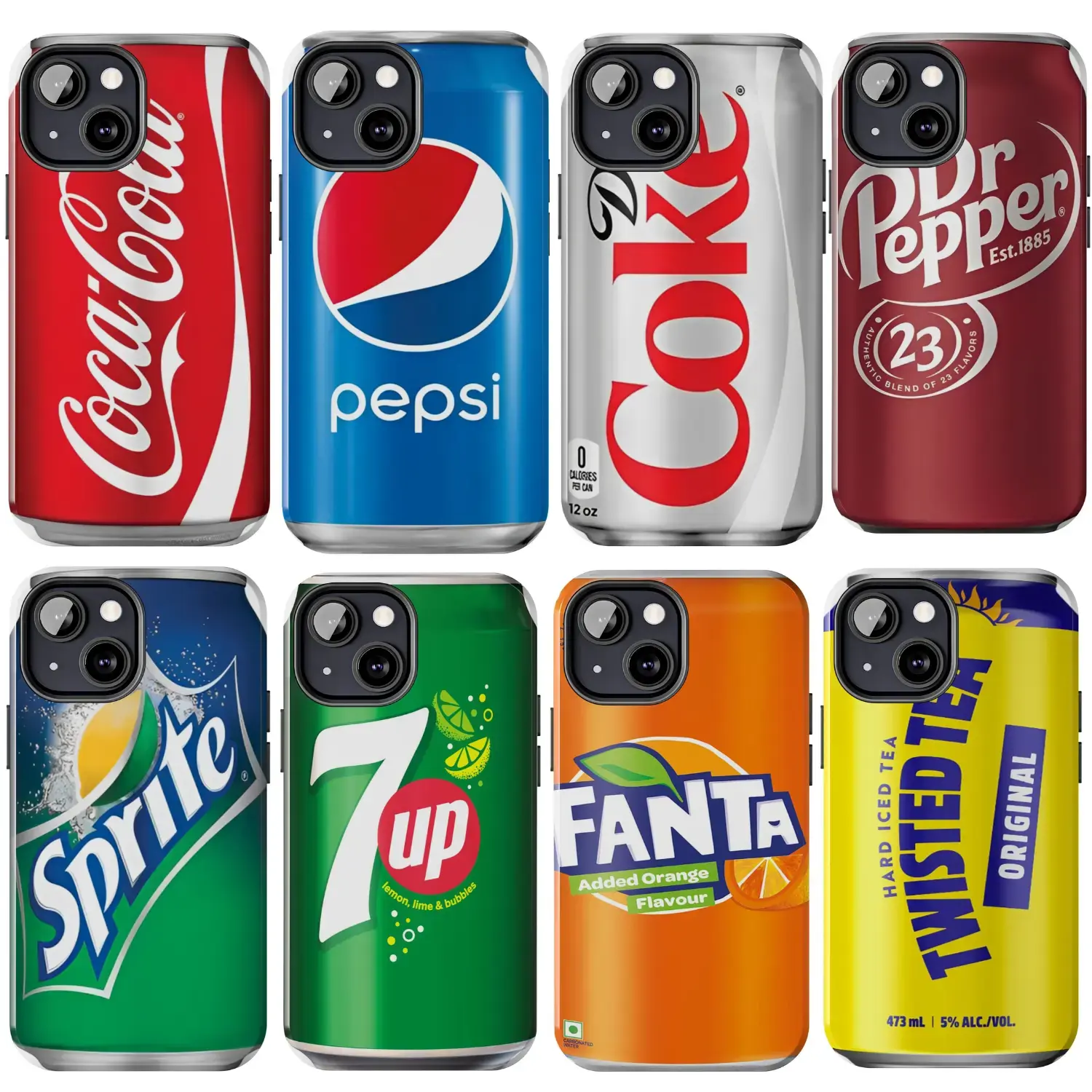 Coca Cola, Pepsi, Dr Pepper, Twisted Tea, Fanta, Sprite, 7Up, Coke Diet Can Phone Cases For iPhone 16 15 14 13 12 11 X 8, Soft Drink Cover, Unique Accessories, Durable