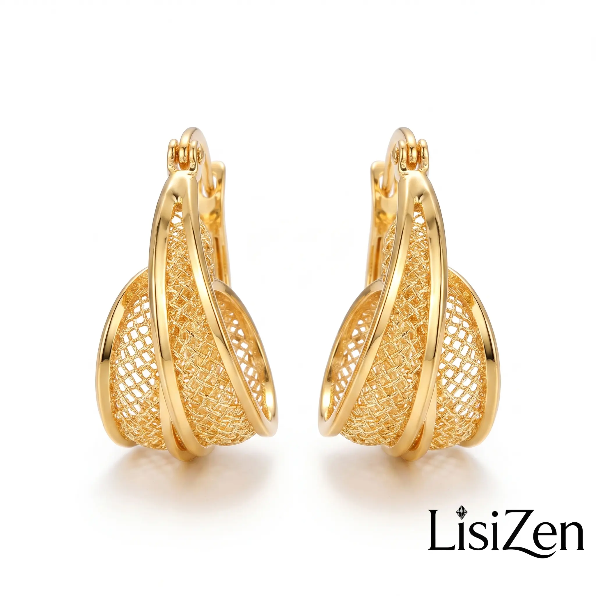 Elegant Double Layer Hoop Earrings with Gold-Tone Mesh, Women's Interlocking Loop Design with Crystal Dangle Accents, Earrings Hoops, Natural, Gold Thread Mesh, Hollow Double-Layer Design, Earrings Jewelry, Shining Earrings