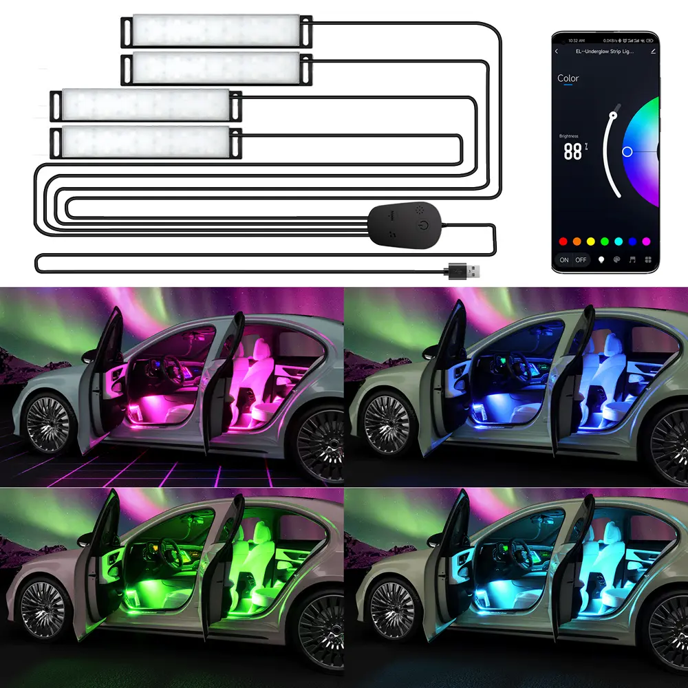 YiLaie RGB Car Footwell LED Lights, APP Control with DIY Mode, Music Sync USB Under Dash Lighting, Multicolor Neon Ambient Lights for SUVs & Pickups, Car Accessories