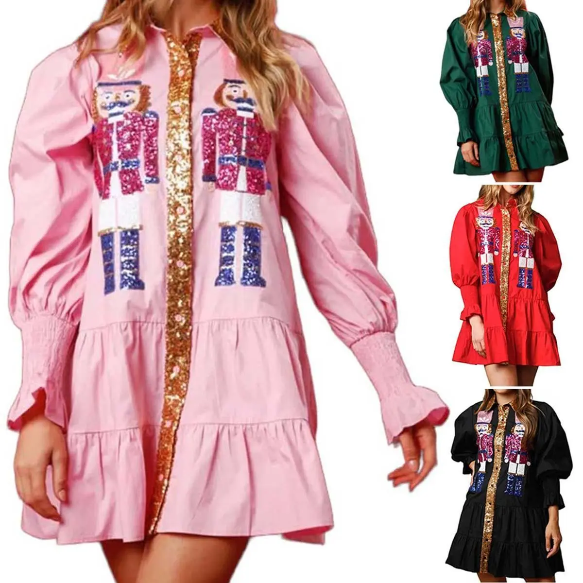 Women Christmas Sequin Skirt Nutcracker Sweatshirt Dress Long Sleeve Santa Sweater A-lined Tiered Flared Mini Dress for Holiday Parties & Casual Occasions