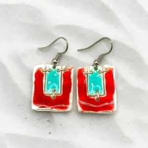 Pewter Earrings - Bright Red And Turquoise Enamel Hinged Shapes