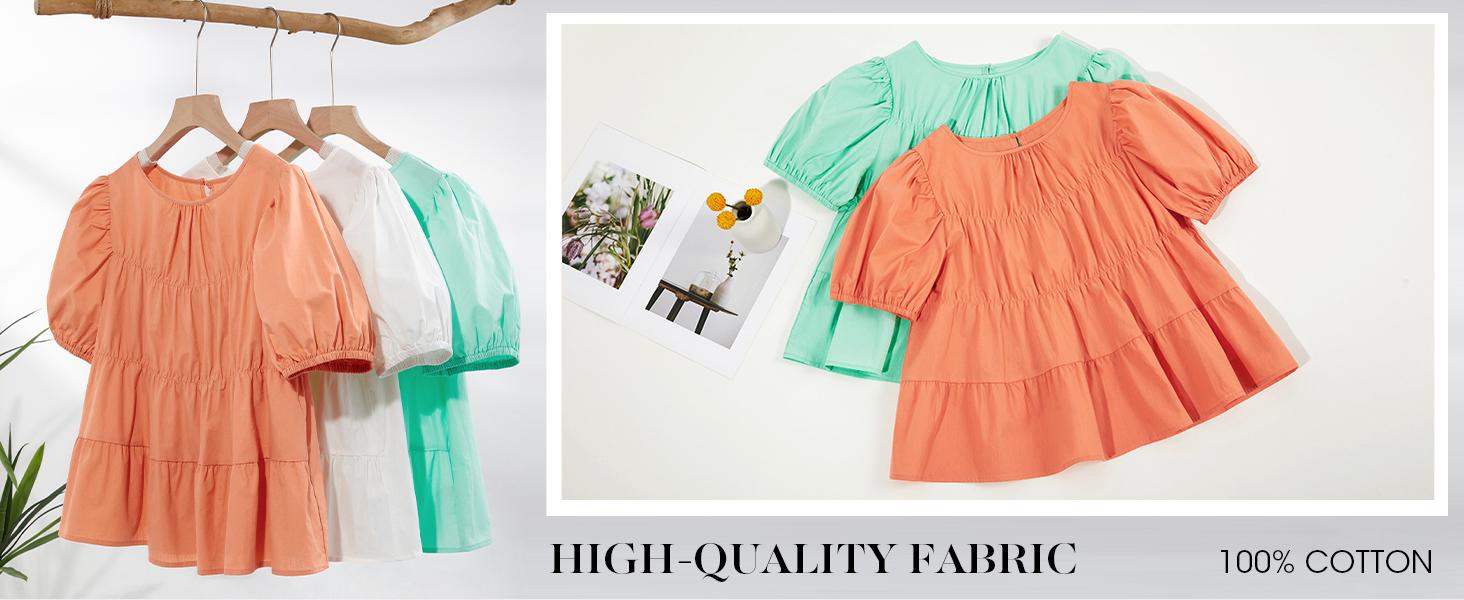 Tankaneo Womens Puff Sleeve Peplum Babydoll Tops Summer Smoked Pleated Cotton T-Shirts Casual Loose Fit Flowy Blouse