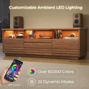 Sikaic Fluted TV Stand with Ultra-Short Throw Projector Platform, Entertainment Center with LED and Ample Storage, Mid-Century Modern Media Console for Living Room, Walnut Brown