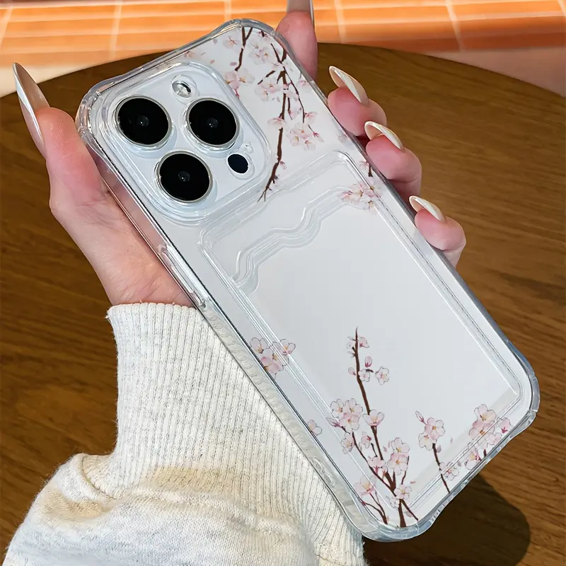 Transparent peach blossom phone case with card slot, thick anti drop all inclusive protective cover, suitable for storing cards and photos, suitable for iPhone 17/16/15/14/13/12/11/Pro/ProMax/Plus/Air series, birthday gift, holiday gift, couple phone case