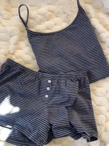 Summer Striped Halter Short Pants Set, Lazy French Stripe Homewear Loungewear Pajama Set for Women, Two-Piece, Korean Style, Suitable for Home Rest