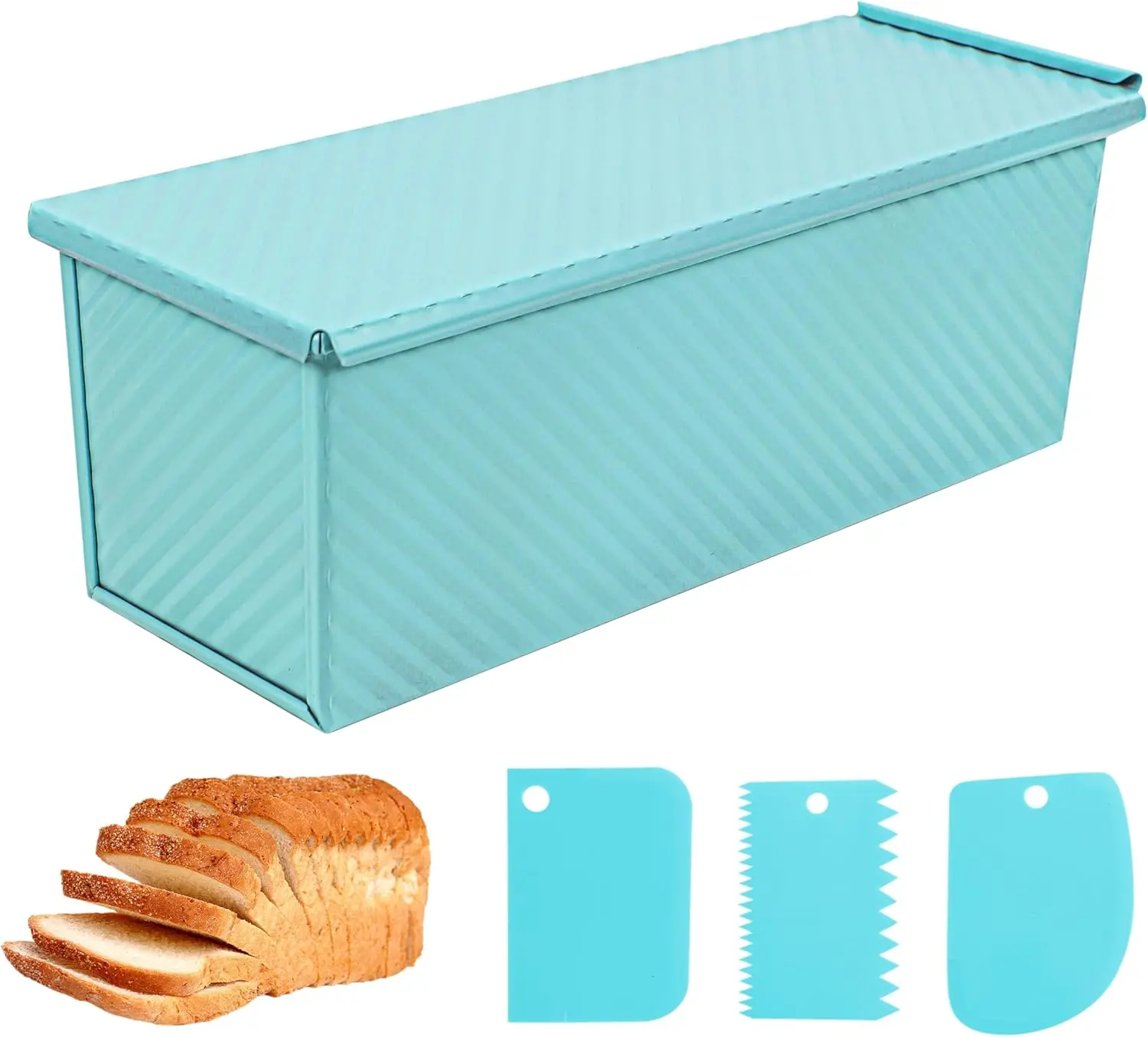 Spmarkt Non-Stick Pullman Loaf Pan with Lid, 2.2lb 13x4in Bread Baking Tin with Dough Scraper Cutter, Reusable Blue Kitchen Bakeware Tool